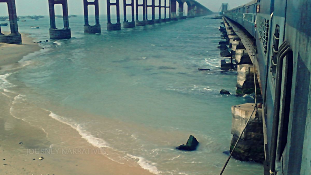 Train crossing the iconic Pamban Bridge connecting mainland India with Rameswaram Island