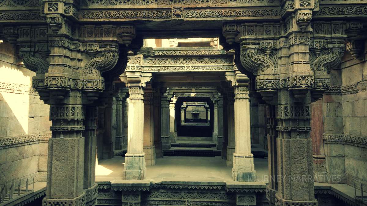 Intricately carved interior of Adalaj Stepwell showcasing historic architecture in Gujarat