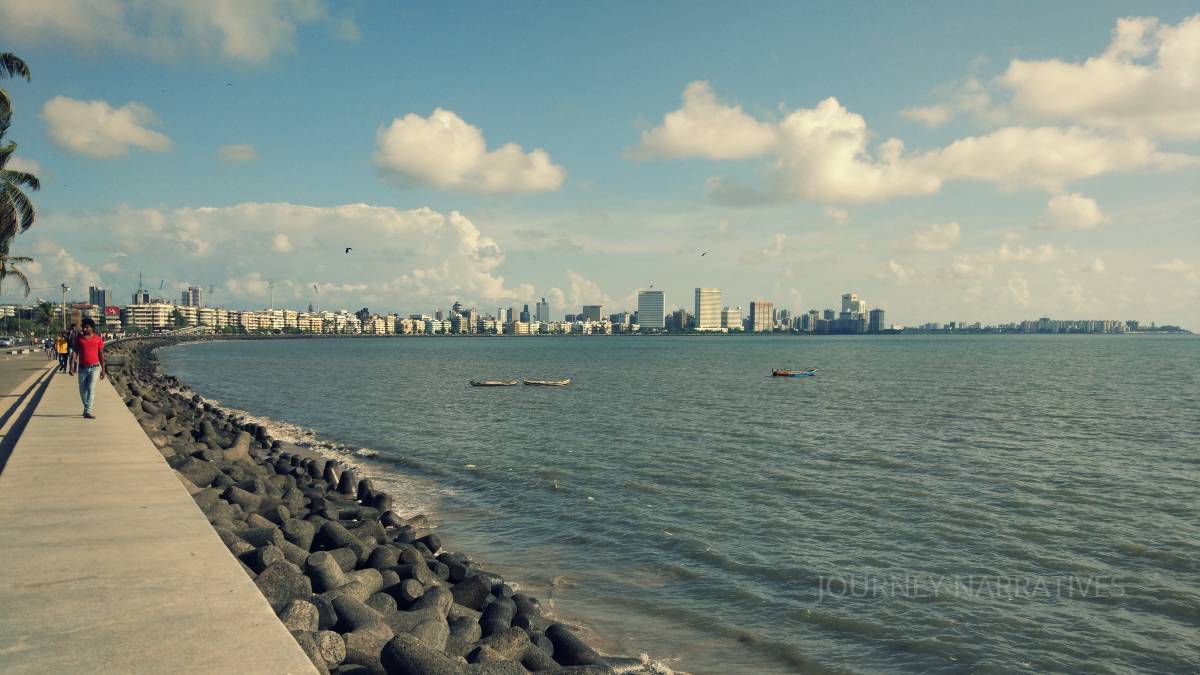 Marine Drive in Mumbai stretching along the Arabian Sea with its iconic curved waterfront promenade