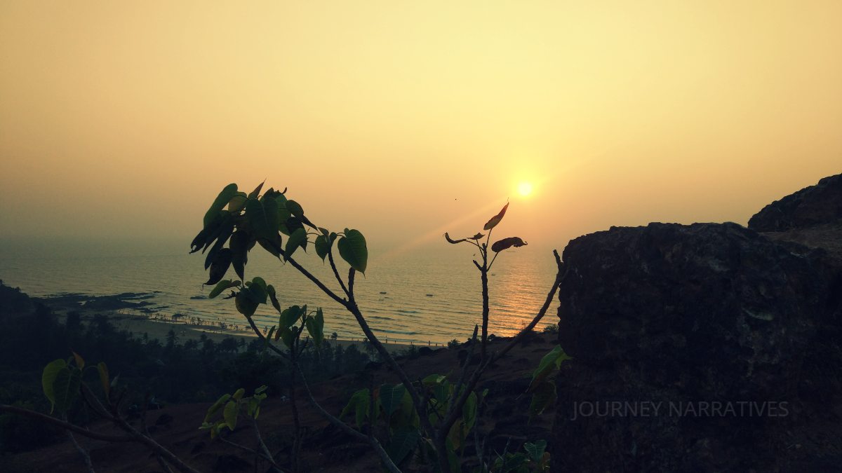 Sunset view from Chapora Fort in North Goa overlooking the Arabian Sea and scenic coastline