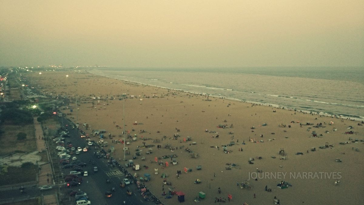 View from Chennai Marina Lighthouse overlooking the city's coastline and Bay of Bengal