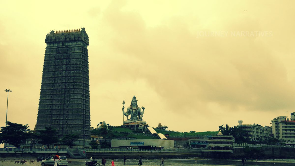 Murudeshwar Temple and gopuram viewed from the beach, reflecting spiritual traditions and local culture