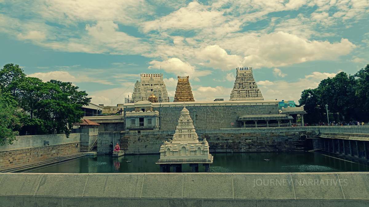 Interior of Kamakshi Amman Temple in Kanchipuram, reflecting the city's rich temple heritage