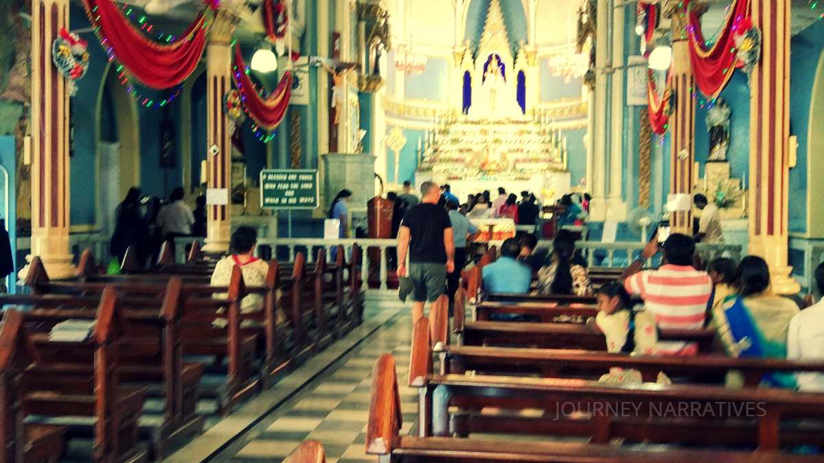 Interior of Mount Mary Church in Mumbai, a historic pilgrimage site known for its peaceful atmosphere