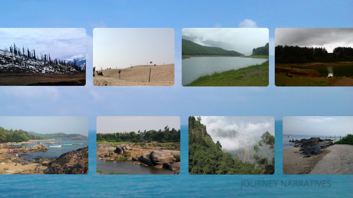 Collage of diverse landscapes across India featuring mountains, deserts, forests, beaches, and valleys