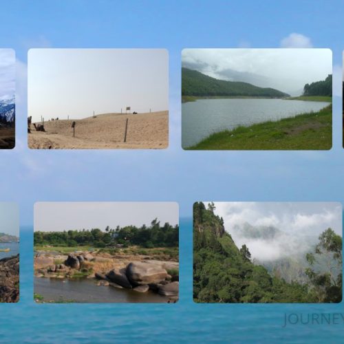 Collage of diverse landscapes across India featuring mountains, deserts, forests, beaches, and valleys