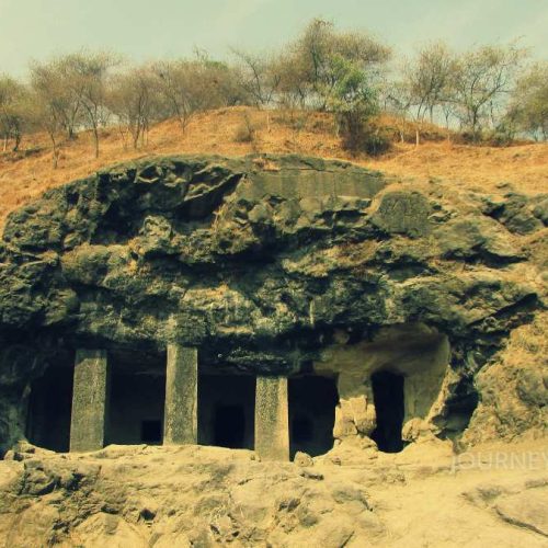 Entrance to the Elephanta Caves near Mumbai, a UNESCO-listed rock-cut cave complex dedicated to Hindu deities