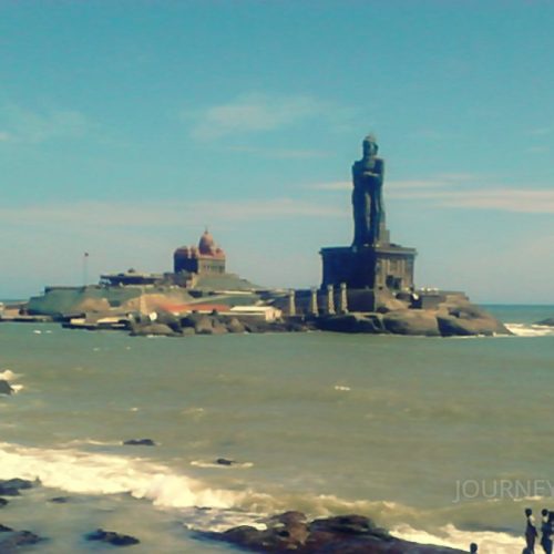 Thiruvalluvar Statue and Vivekananda Rock Memorial viewed from Kanyakumari mainland coastline